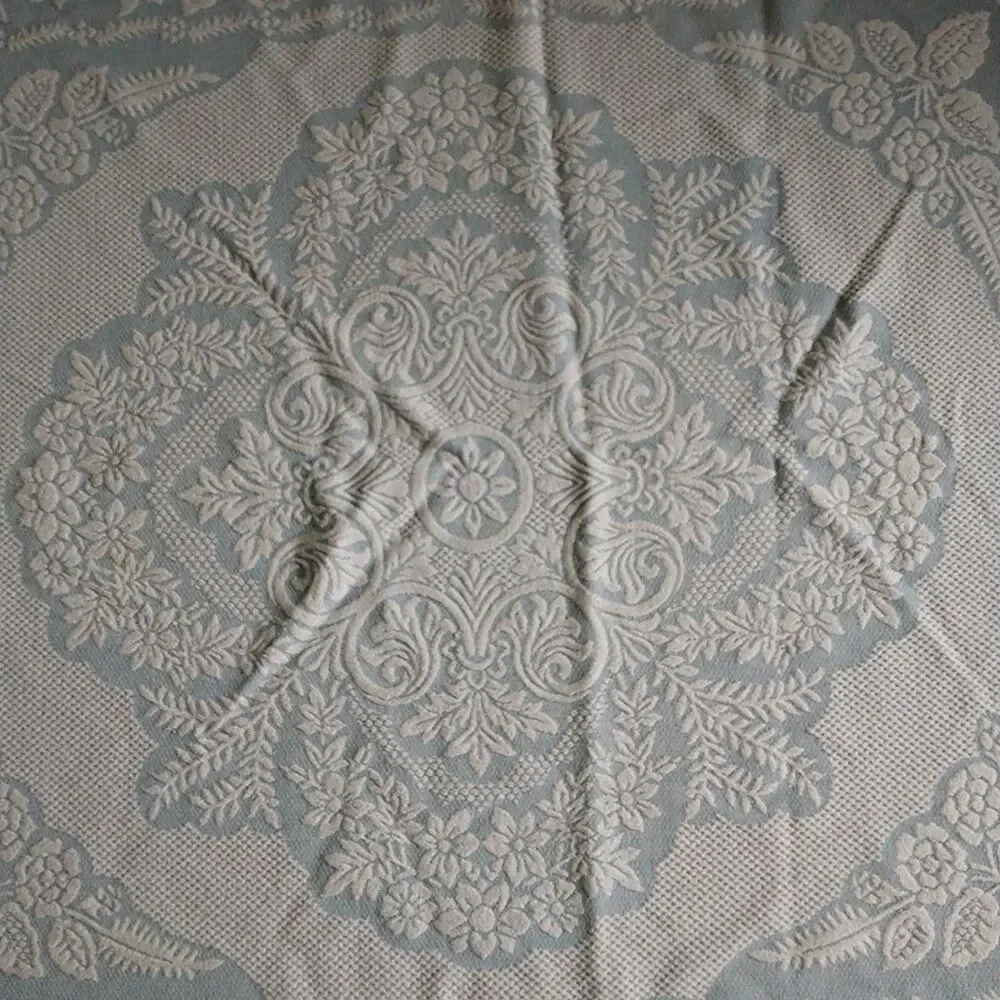 Vtg Bates? Bedspread Coverlet Full Blue Floral Jacquard Fringe Victorian MCM